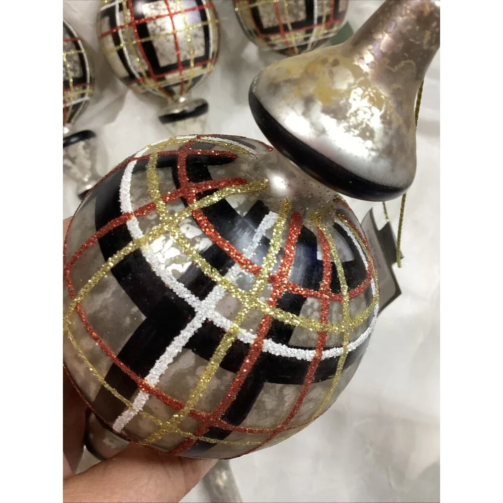 Mercury Glass Finial Christmas Plaid Ornaments X5 Black, Red, Gold & Silver 9